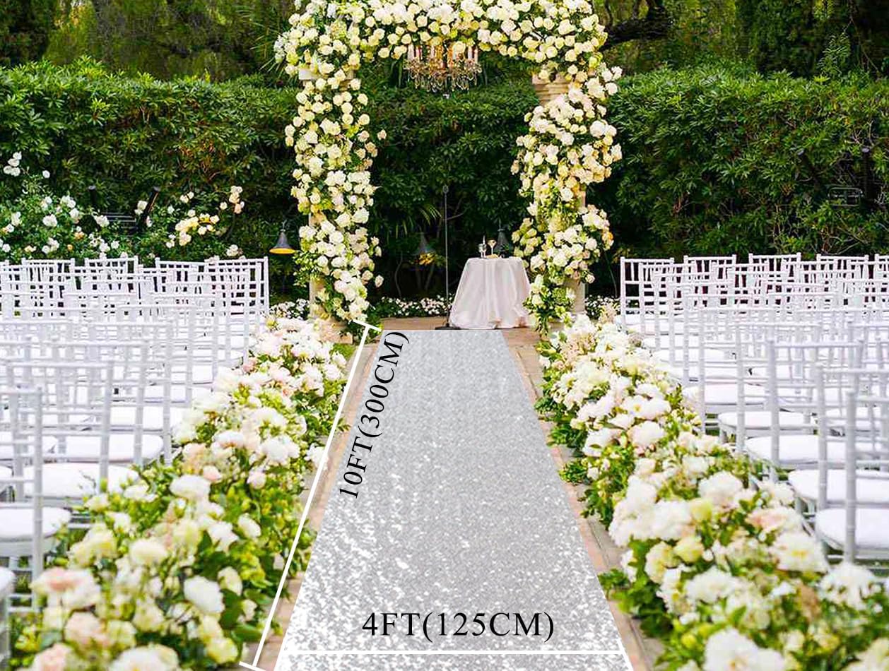 ShinyBeauty Aisle Runners for Weddings 10 ft by 4 ft Silver Aisle Runner Wedding Aisle Runner Outdoor Glitter Runner Church Runner (4FTx10FT, Silver)
