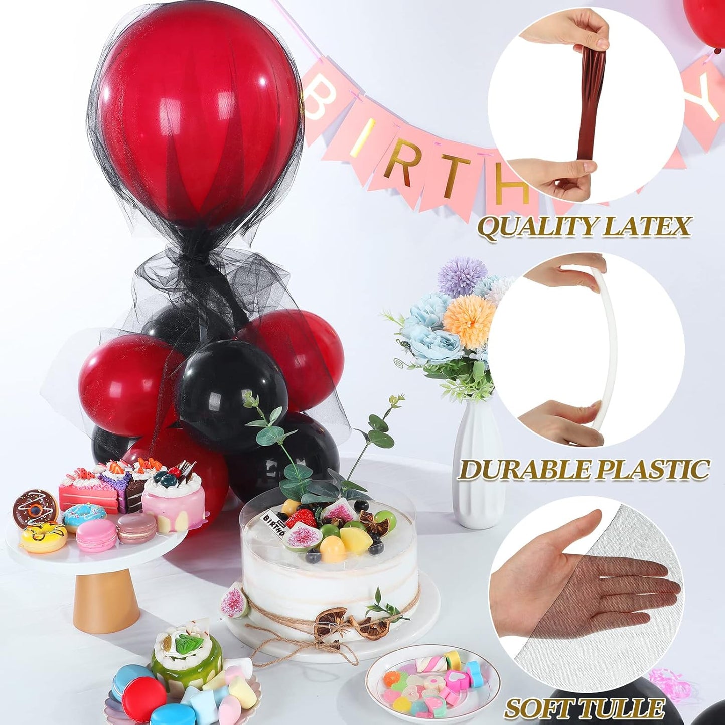 BBTO 8 Set Table Centerpieces Balloons Stand Kit, 80 Pcs Latex Balloons and Table Stand Holder with Base Tulle for Wedding Birthday Baby Shower Party(Black and Pomegranate Red)