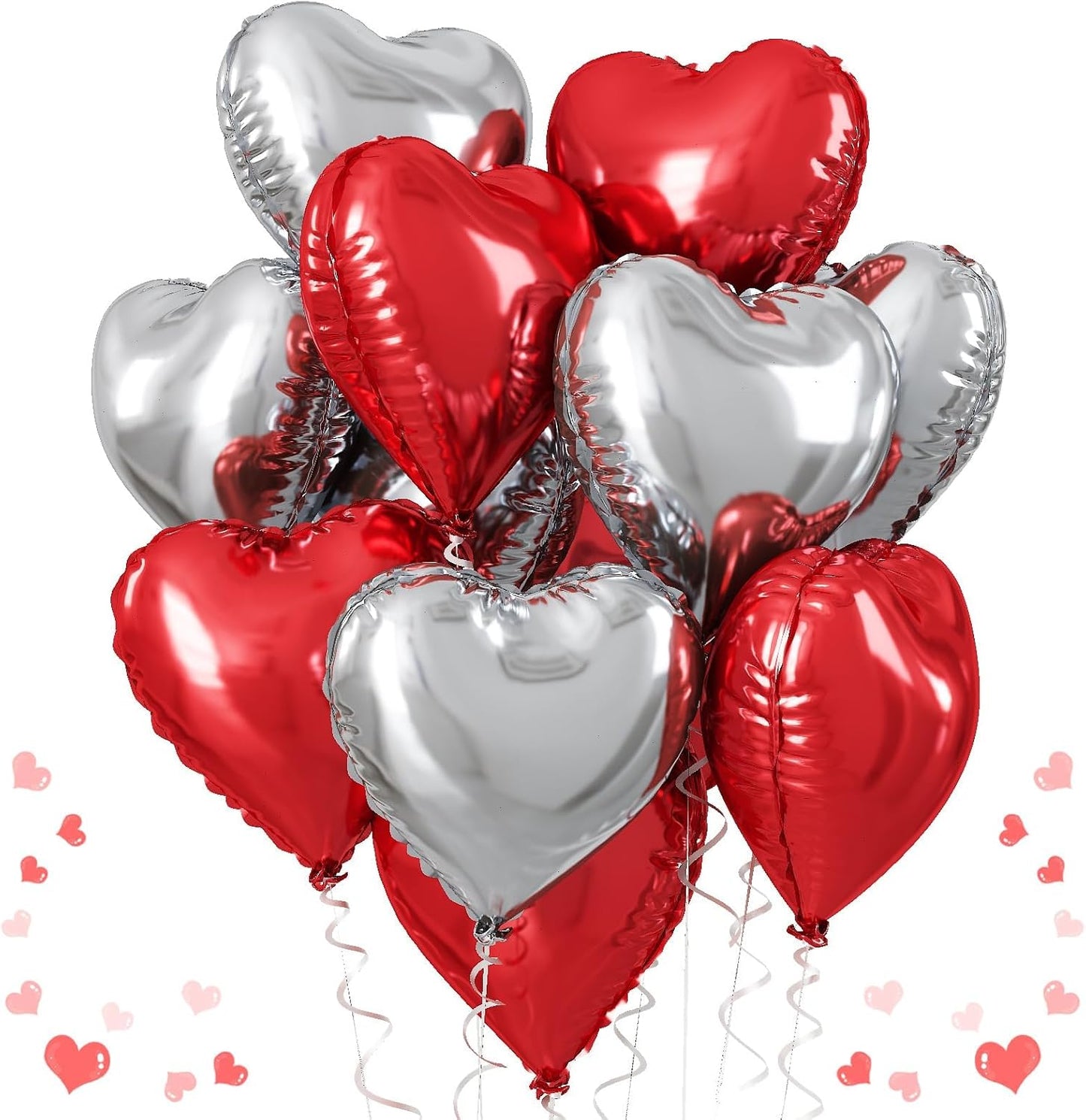 Red Silver Heart Balloons, 18 Inch Red and Silver Heart Balloons Red Silver Valentine Balloons Romantic Party Decoration Red Heart Shape Mylar Balloons for Valentines Day Birthday Wedding Pack of 10