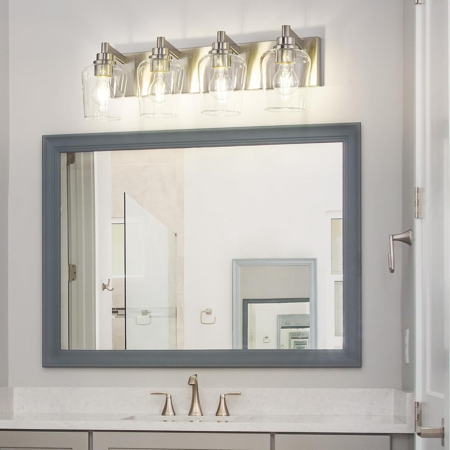 Bathroom Light Fixtures, 4-Light Modern Vanity Light with Clear Glass Wine Glass-Shaped Shade, Vanity Lighting Fixtures Over Mirror, Brushed Nickel, VL155-BN-4