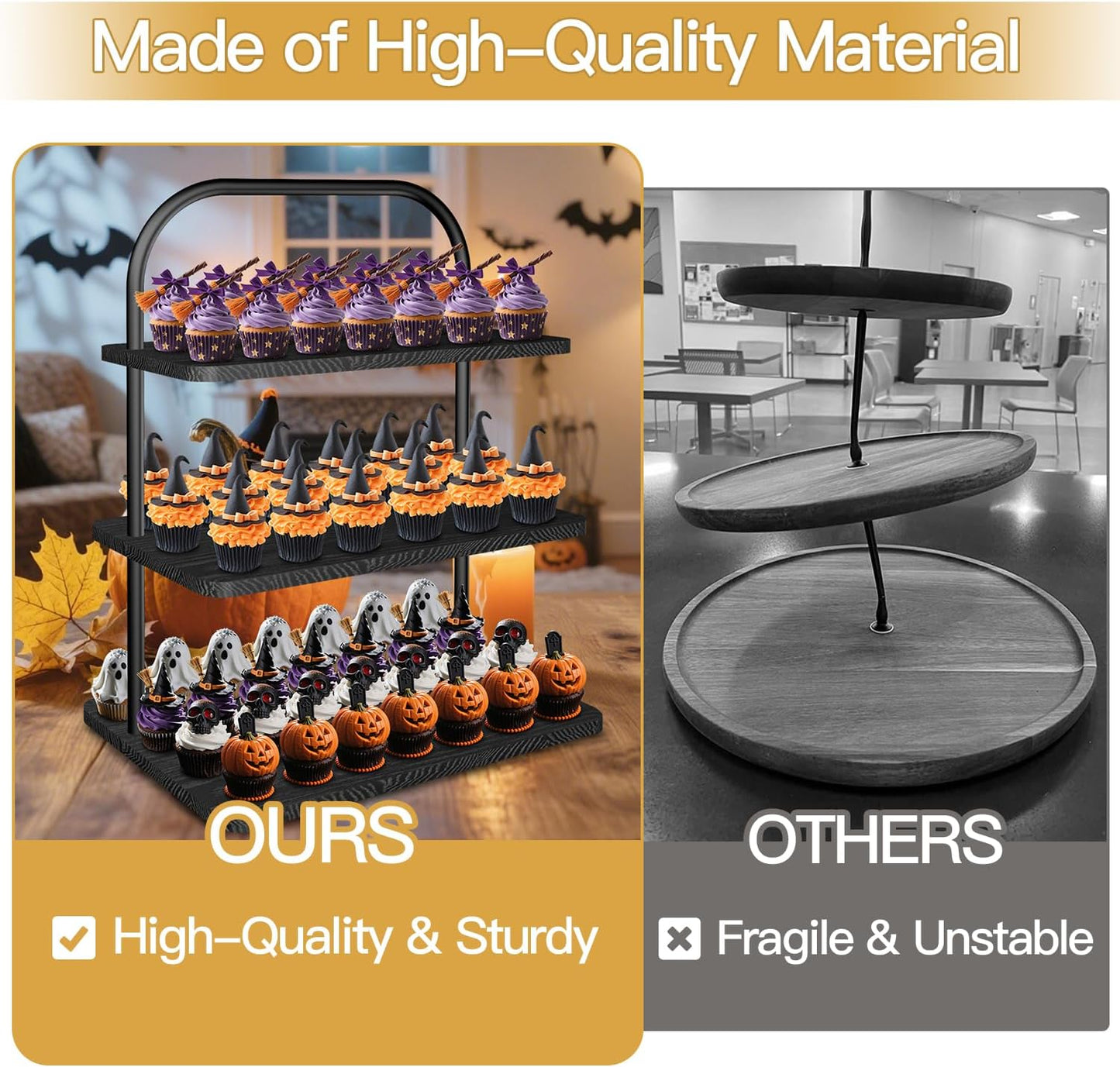 Cupcake Stand, 3 Tier Halloween Cupcake Stand for 50 Cupcakes Rustic Cupcake Display Stand Large Wood Dessert Table Display Set Cupcake Tower Tiered Tray Stand for Wedding Birthday Party