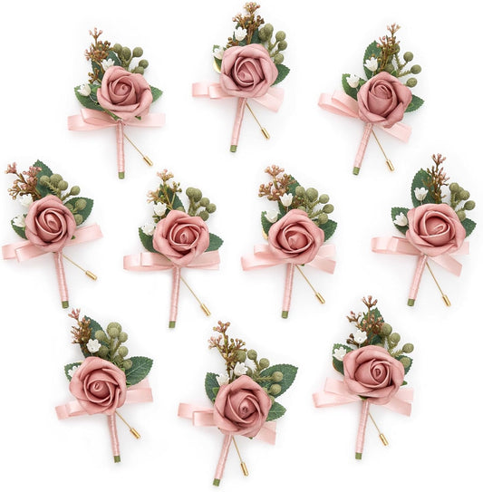 Serwalin 10Pcs Boutonniere for Men, Pink Groom and Best Man Boutonniere, Artificial Flowers for Wedding Decor, Prom, Homecoming, Ceremony Anniversary, Formal Dinner Party