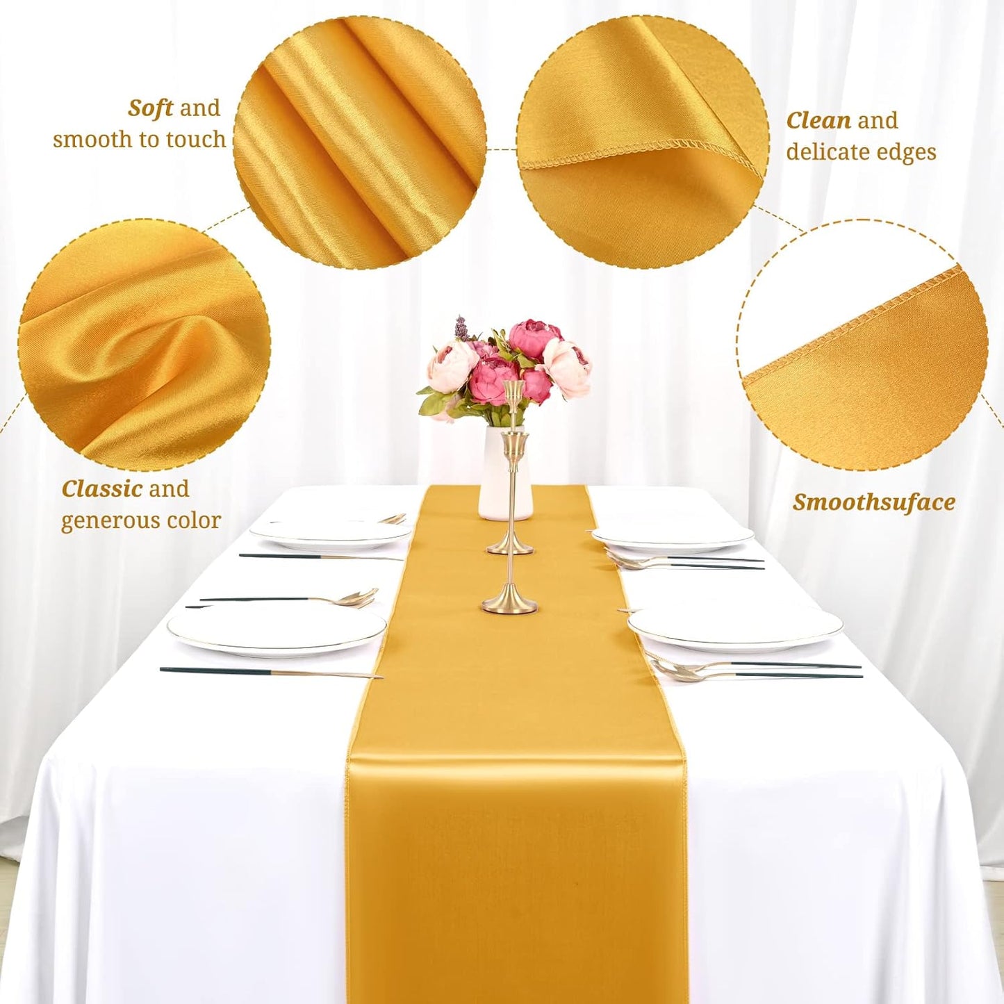 12 Pack Gold Satin Table Runner,12 x 108 inch Long Premium Smooth Table Runner for Wedding, Banquets, Birthday, Party, Graduation, Engagements, Table Runners fit Rectangle and Round Table