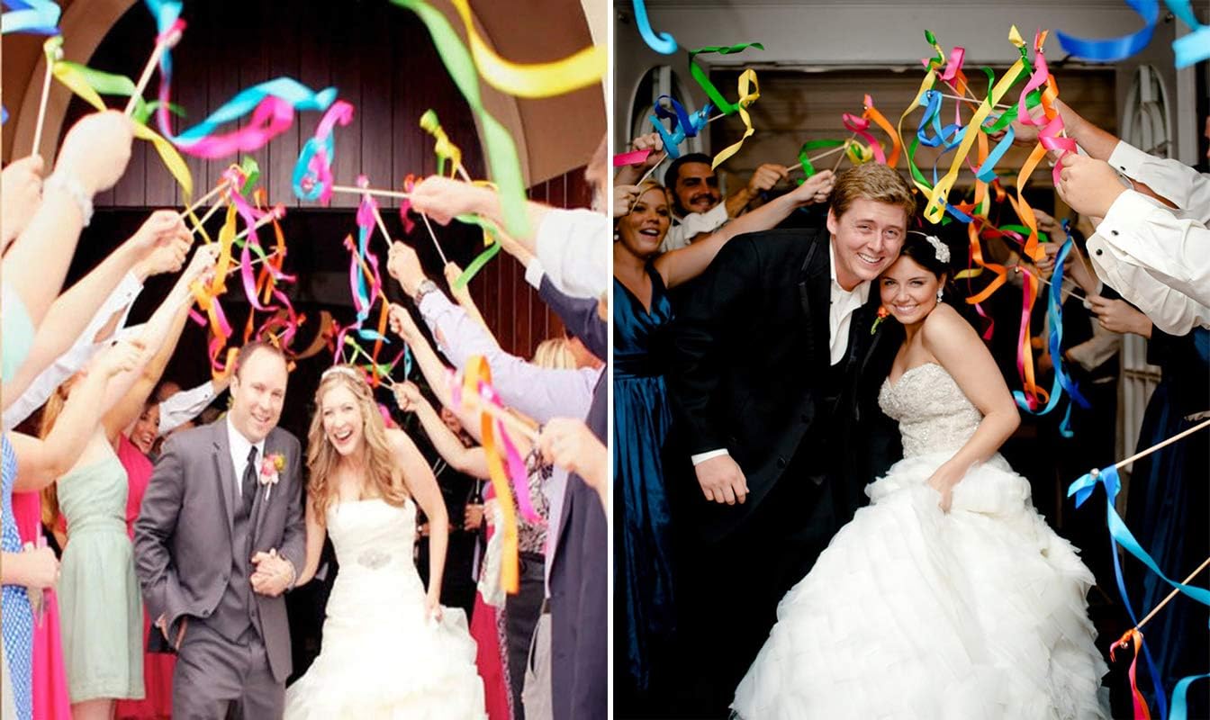Kingsnow 50 Pack Ribbon Wands Wedding Streamers with Bells, Silk Fairy Stick Wish Wands Party Favors for Wedding Send Off Party Activities Table Holiday Celebration