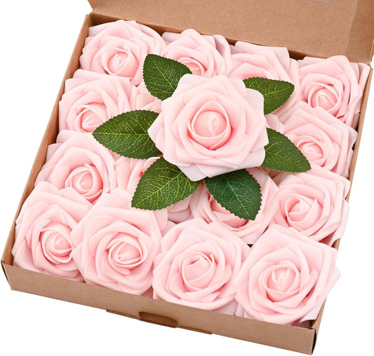 BLEUM CADE 16Pcs Artificial Flowers Fake Roses with Stems, Pink Boxed Foam Roses for DIY Bouquets Centerpieces Wedding Party Arrangement Bridal Shower Decor