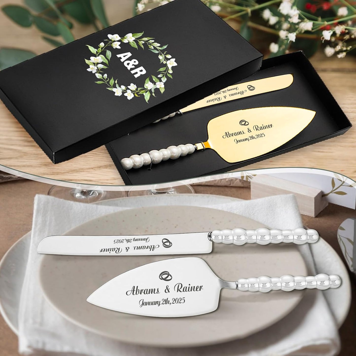 HJX Personalized Wedding Cake Knife and Server Set - Custom Name Engraved Cutting Set with Elegant Gift Box, Ideal for Bridal Wedding Anniversary Birthday Gifts (Pearl handle)