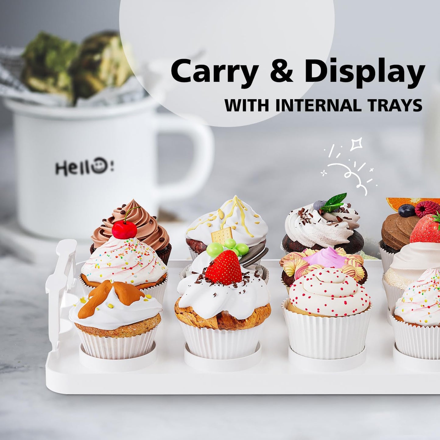 Two Tier Cupcake Carrier, White Stackable Cupcake Holder Carries for 24 Standard-Size Cupcakes, Reusable Detachable Cupcake Box