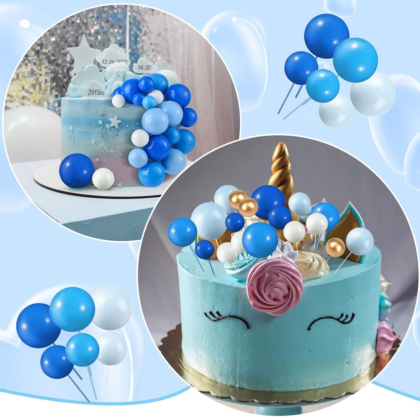 108 Pcs Balls Cake Topper DIY Cupcake Insert Foam Balloons for Cake Baking Wedding Anniversary Birthday Decoration(Assorted Blue, White, Gold,Multi Sizes)