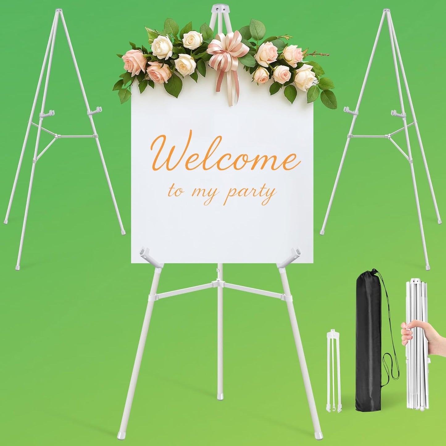 3 Pack White Easel Stand for Sign - 63" Adjustable Folding Floor Easels for Wedding Sign, Welcome Sign, Poster, Picture, Painting - Lightweight Portable Display Easels with Bags, Holds 5 lbs