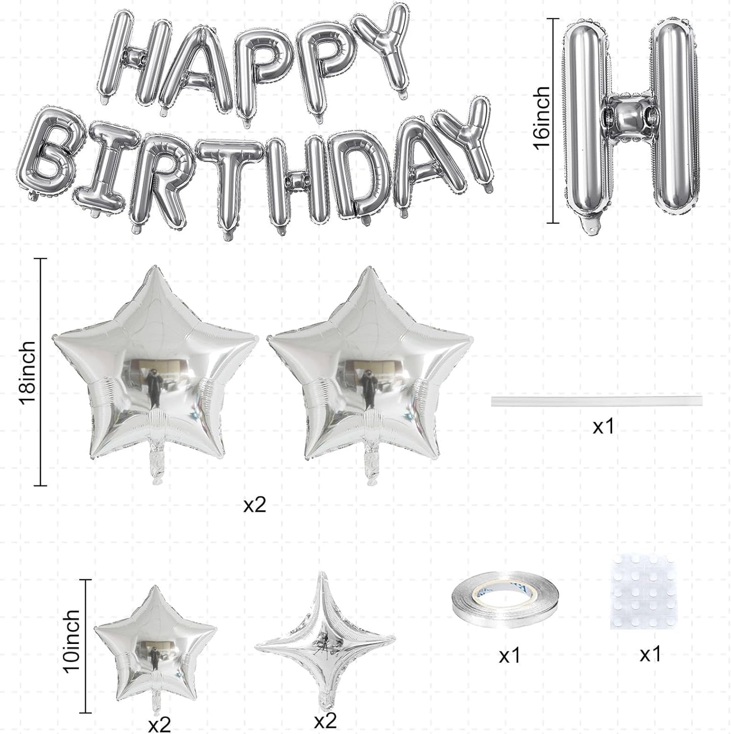 Silver Happy Birthday Balloon Banner, 16 Inch Mylar Foil Letter Balloons, Reusable Birthday Decorations with Silver Star Foil Balloons, Inflatable Party Supplies for Men Women Boys Girls Decoration