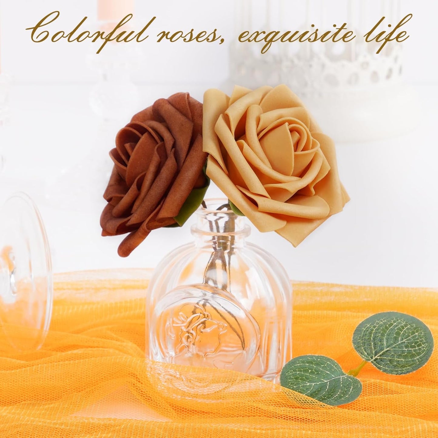 BLEUM CADE 36Pcs Artificial Flowers Fake Roses with Stems, Gradient Burnt Orange Boxed Foam Roses for DIY Bouquets Centerpieces Wedding Party Arrangement Bridal Shower Decor