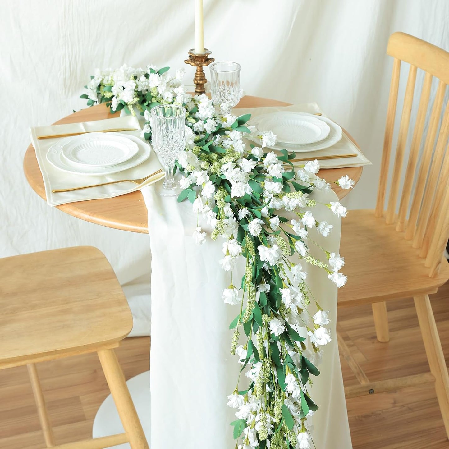 Mizii White Artificial Flower Garland 6FT Fake Wildflower Floral Garland Hanging Vines Spring Summer Flowers Decorations for Mantle Table Centerpieces Room Wall Fireplace Wedding Decor (White)