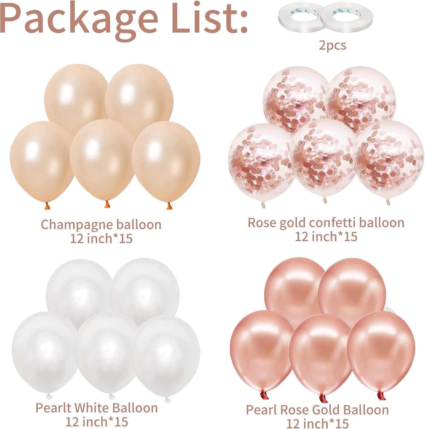 Rose Gold Balloons, 60PCS 12inch Rose Gold White Champagne Latex Balloon Confetti Balloons with Ribbon for Wedding, Baby Shower, Birthday, Engagement, Bridal Shower, Princess Party