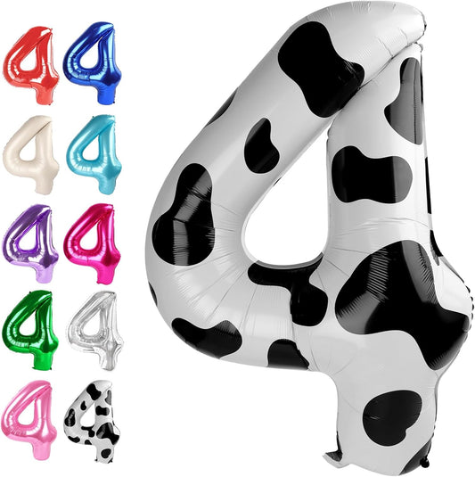 40 Inch Cow Print Large Number 4 Birthday Balloon, Giant Number Four 14 24 34 40 44 Balloons, Foil Mylar Big Balloons for Anniversary Graduation Supplies Decorations