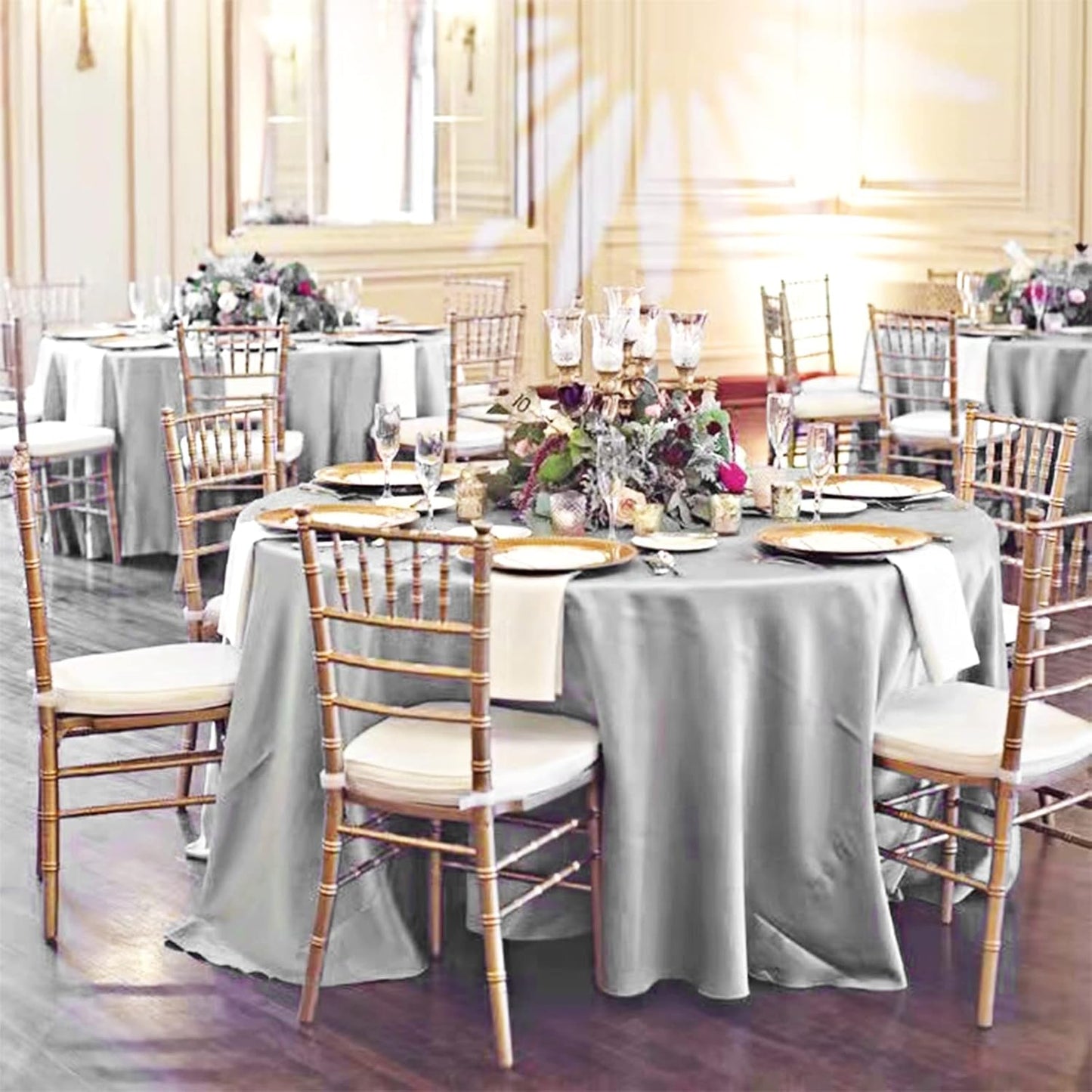 12 Pack 108 Inch Silver Satin Tablecloth - Premium Bright Silky Round Tablecloth Overlay Smooth Fabric Table Cover, Table Decoration for Wedding Party Banquet Events Restaurant Kitchen Dining