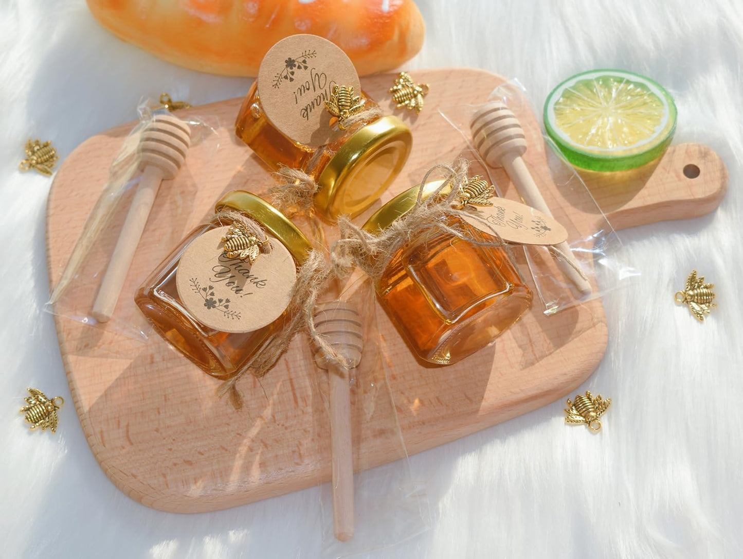 IIKUM 40 Pack Glass Honey Jars, 1.5 oz Hexagon Honey Pots with Lids, Dippers, Bee Pendants, Gift Bags, Thank You Cards, Jute and Stickers-Great Honey Jars Set for Baby Shower, Wedding and Party Favors