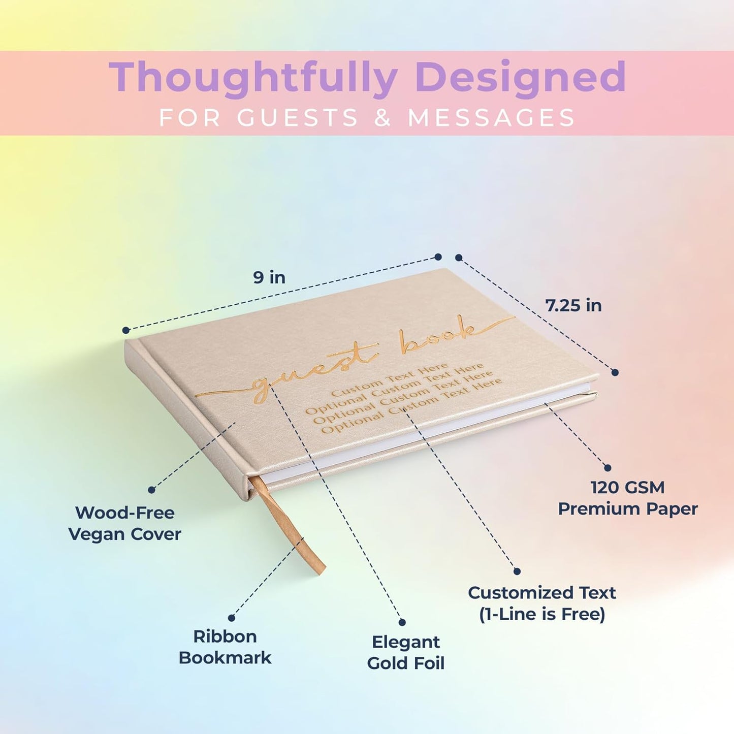 Promot Personalized Guestbook for Party (Champaigne Beige) - 110 Lined Pages in Wood-Free Vegan Leather Hard Cover - Wedding Guest Book Sign in and Photos, Baby Shower, Birthday or Graduation