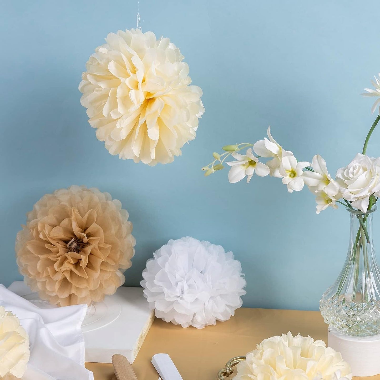 Boho Tissue Paper Pom Poms,Premium Champagne Neutral Party Decorations,Creamy White Light Brown Tissue Paper Flowers,for Wedding Birthday Engagement Receptions Boho Bridal Baby Showers Party Supplies
