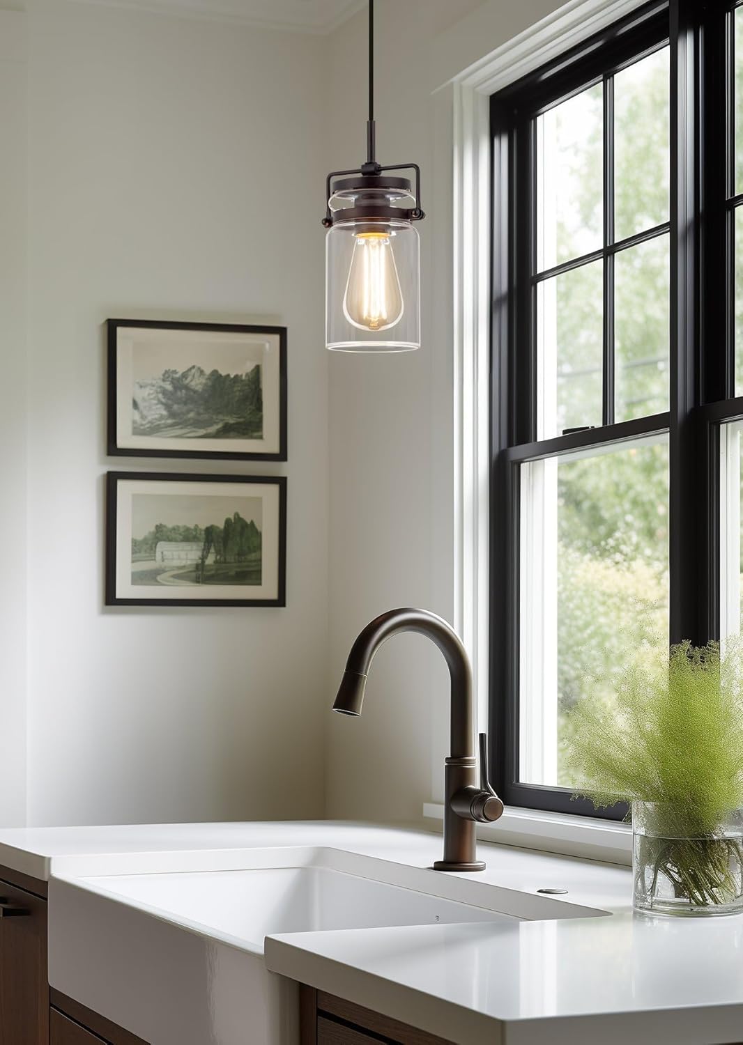 Kira Home Wyer 8" Modern Industrial/Farmhouse Pendant Light + Mini Clear Glass Cylinder Shade, Dimmable Adjustable Wire, Oil Rubbed Bronze Finish