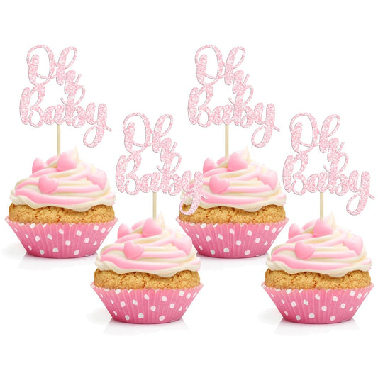 Gyufise 36Pcs Oh Baby Cupcake Toppers Glitter Baby Shower Cupcake Picks for Gender Reveal Baby Shower Kids Boys Girls Birthday Party Cake Decorations Supplies Light Pink