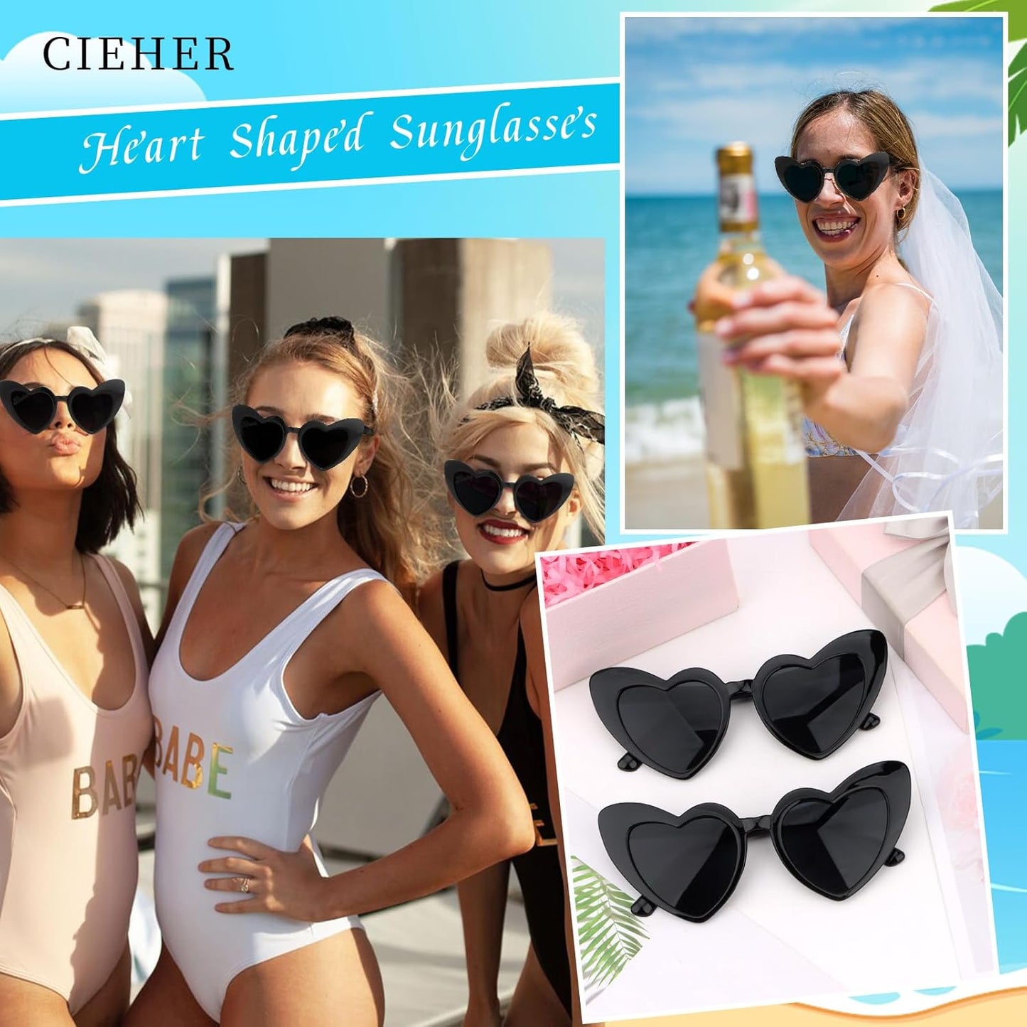 CIEHER Bachelorette Party Favors - White Black Heart Sunglasses for Bride Bridesmaid