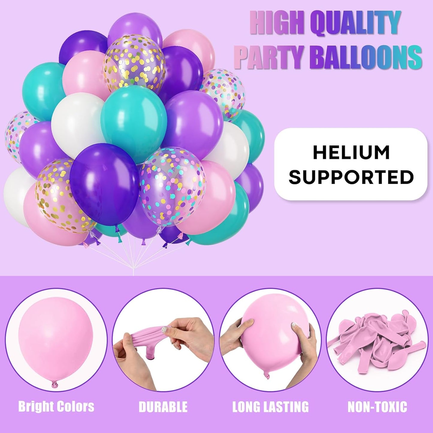 Mermaid Balloons, Pink Purple Blue Balloons, 12Inch Teal Blue Purple Pink White Party Balloon with Metallic Gold Confetti Latex Balloon for Girls Birthday Mermaid Themed Party Decorations