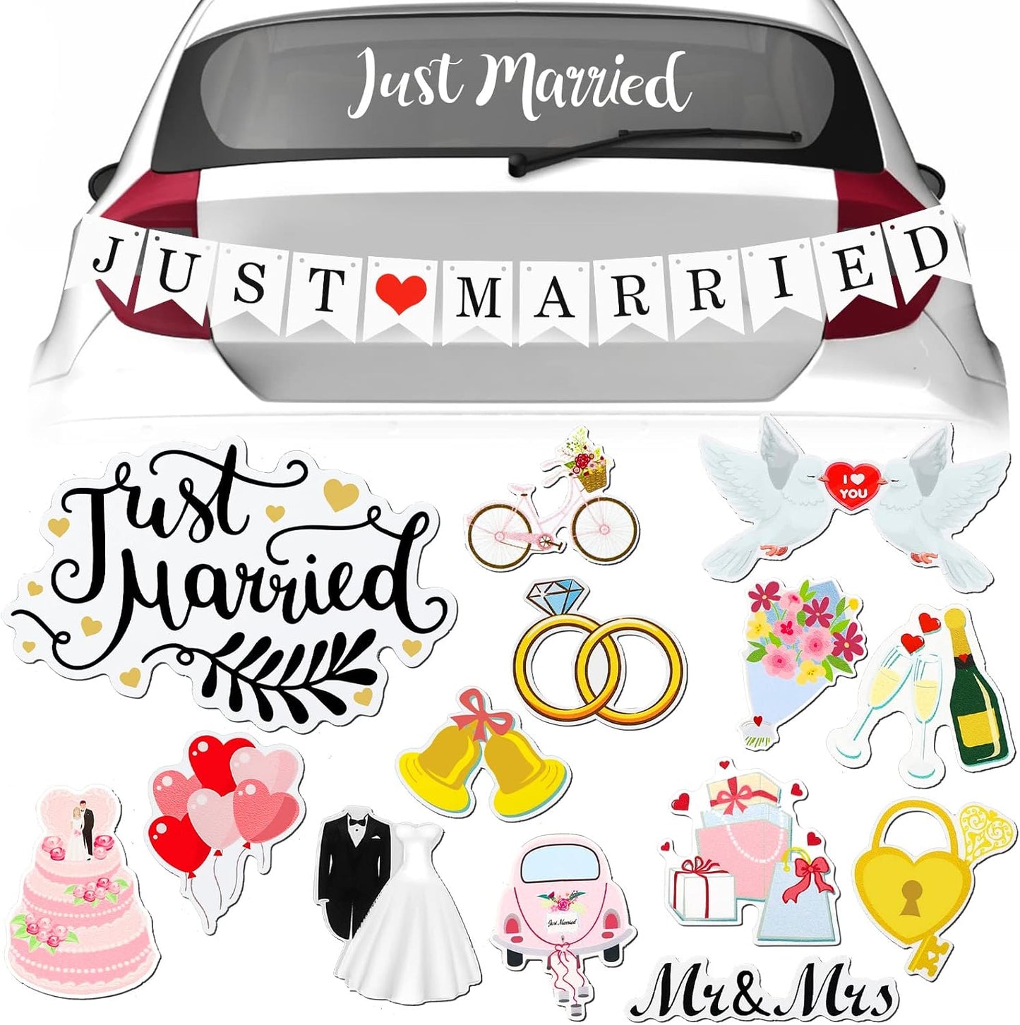 16 Pcs Just Married Car Decorations Include 14 Assorted Ornate Car Magnets Just Married Window Decal and Cardstock Sign Banner Wedding Decorations for Bridal Shower Honeymoon Photo Props