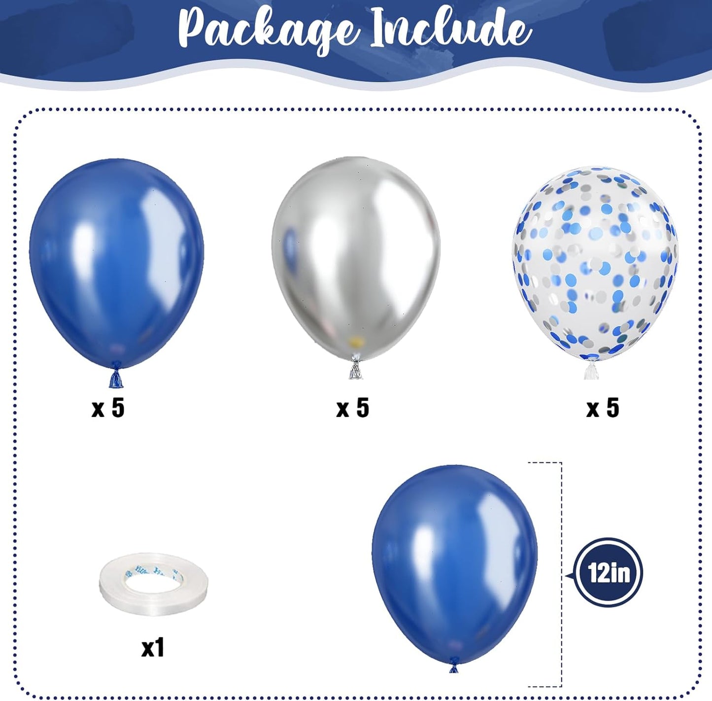 Navy Blue and Silver Balloons, Pearl Navy Blue Metallic Silver Latex Balloons Set Decor with 12 Inch Silver Blue Confetti Balloon for Boys Men Birthday Baby Shower Wedding Graduation Party Decorations