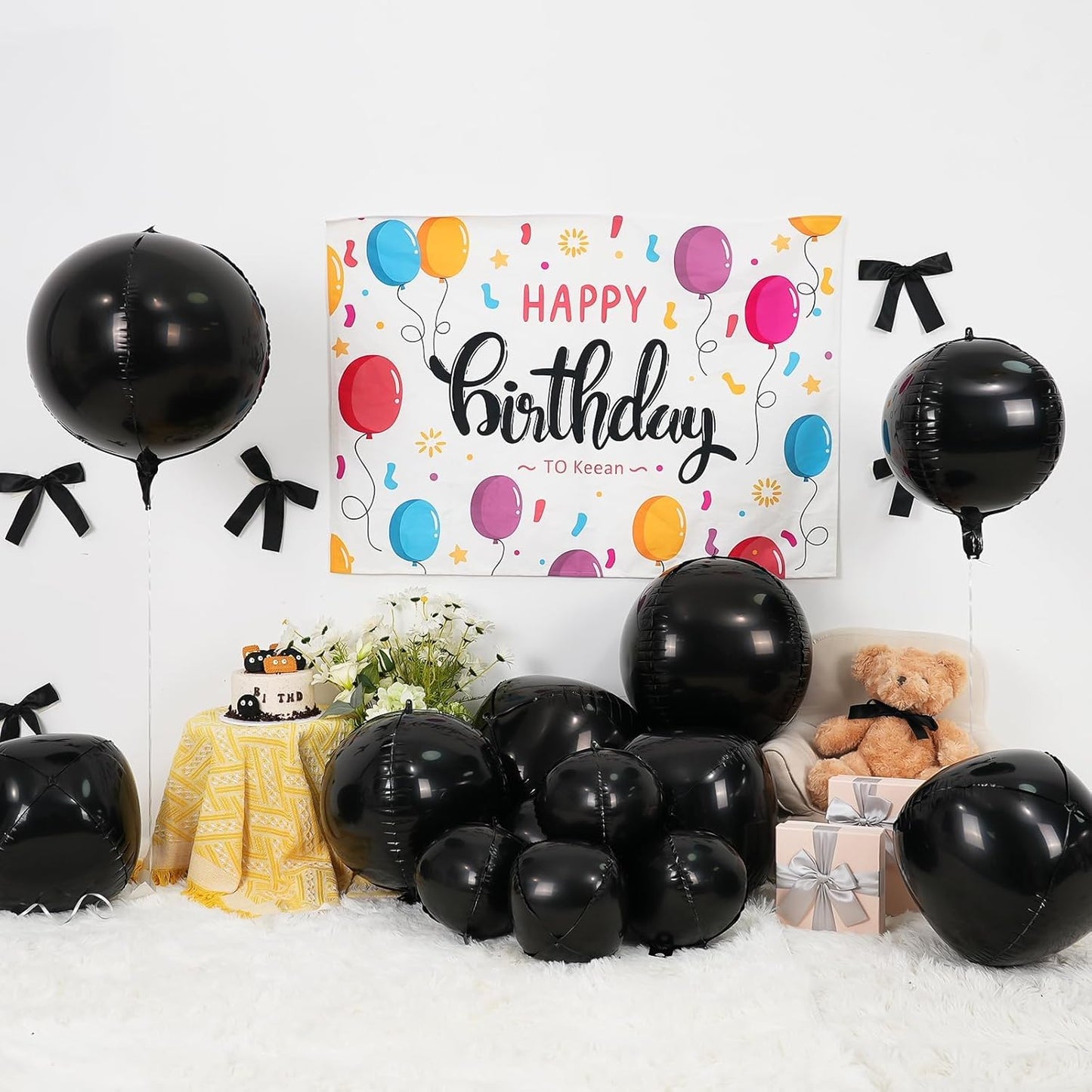 12Pcs Black Round Foil Balloons, 22" 15" 10" Metallic Black 4D Ball Balloons for Birthday Graduation Christmas New Year Eve Halloween Party Backdrop Decorations