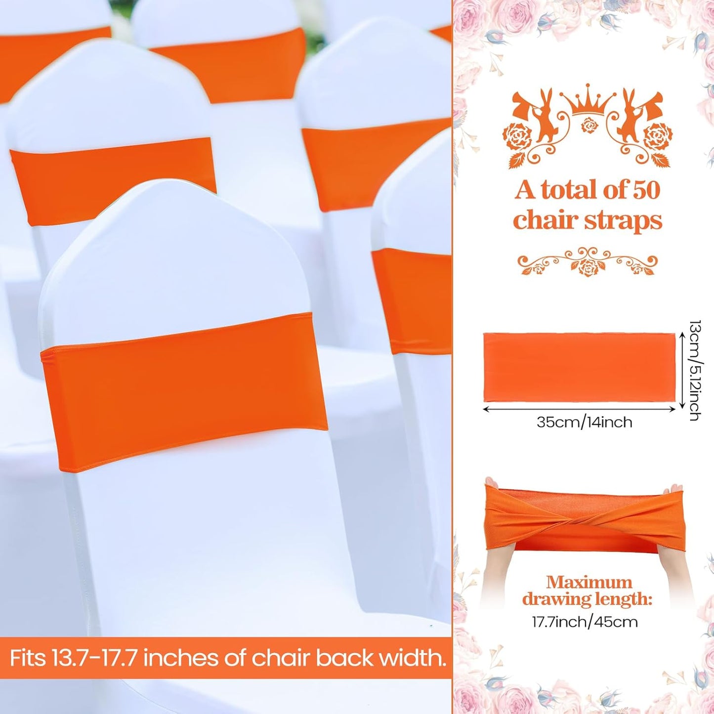 Kinlop 50 Pcs Spandex Chair Sashes Bows Chair Bands Slider Sashes for Covers Elastic Bands Ties Without Buckle Decorations for Wedding Party Events Ceremony Birthday(Orange)
