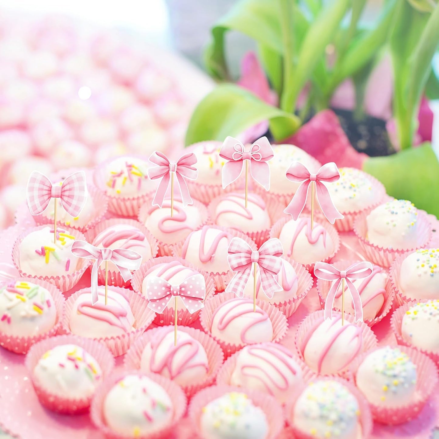 24pcs Coquette Bow Cupcake Toppers Pink Bow Coquette Birthday Cake Decorations for Bachelorette Bridal Engagement Wedding Girl Baby Shower Bow Theme Party Decor