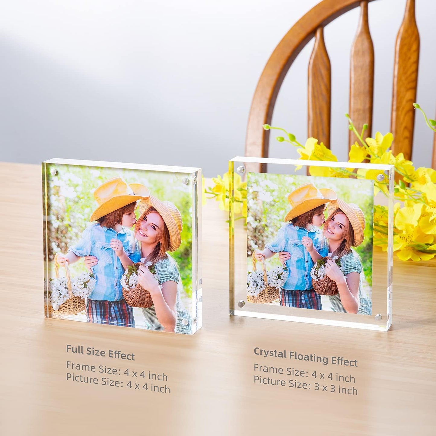 Acrylic Picture Frame, Clear Freestanding Double Sided 20mm Thickness Frameless Magnetic Photo Frames Desktop Display with Gift Box Package (4x4 2pack)