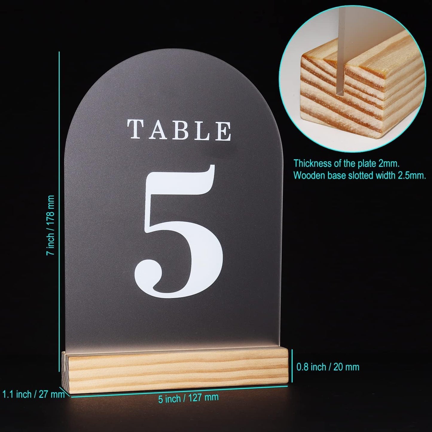 Wedding Table Numbers 21-25, Acrylic Arch Signs with Natural Wood Stands Holders, Rustic Table Decor for Reception & Parties (Frosted White)