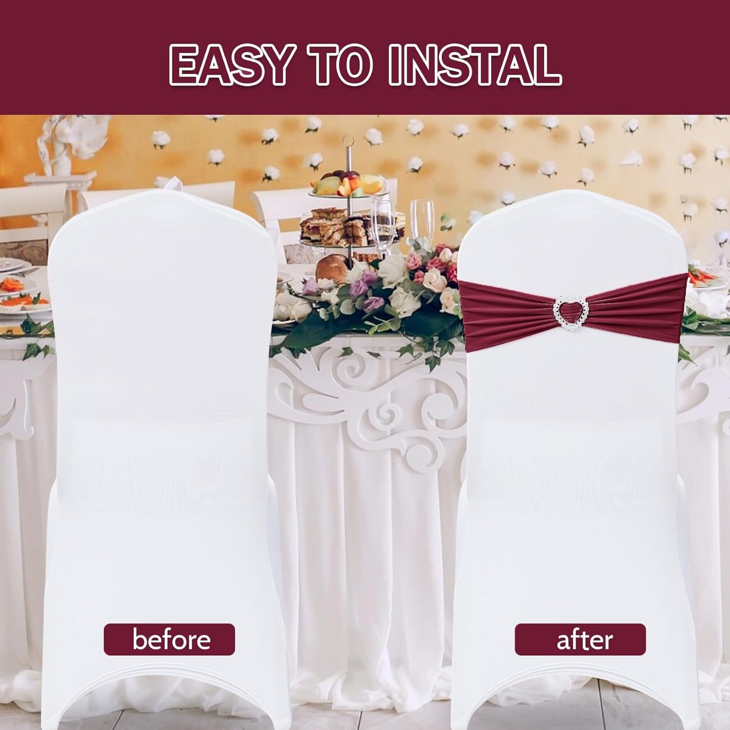 Howhic Pack of 120 Spandex Chair Sashes Bows Stretch Chair Cover Band with Buckle Slider Universal Elastic Chair Ties for Wedding Banquet Party Event Decoration (Burgundy)