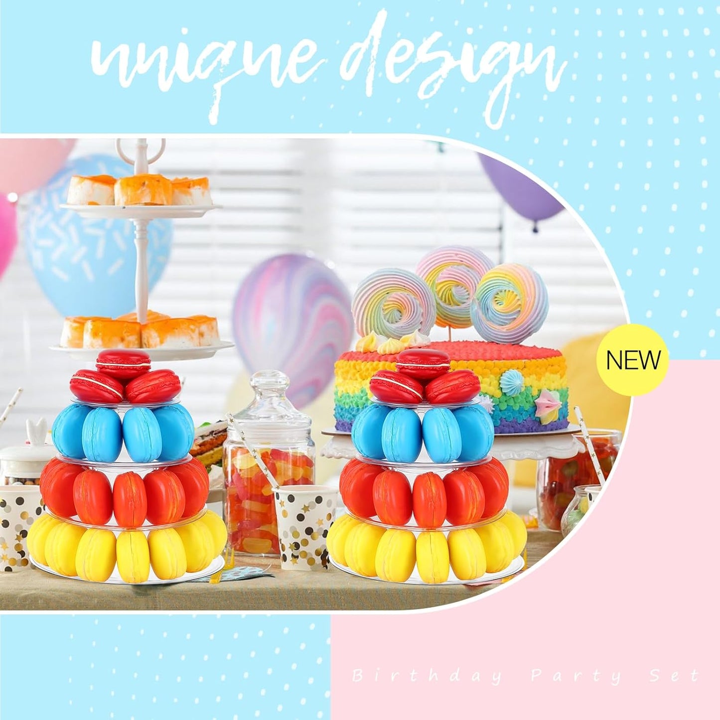 Juexica 2 Pcs Round Macaron Display Tower Stand 4 Tiers Plastic Cake Rack Macaron Wedding Cupcake Display Food Serving Stands Clear Dessert Tower for Wedding Baby Shower Birthday Decoration