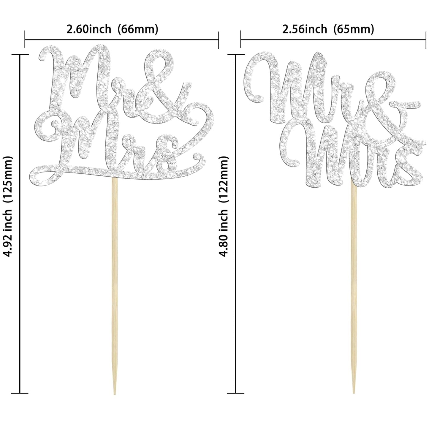 Gyufise 36Pcs Silver Glitter Mr & Mrs Cupcake Toppers Love Cake Decoration Picks for Wedding & Bridal Shower Party Supplies