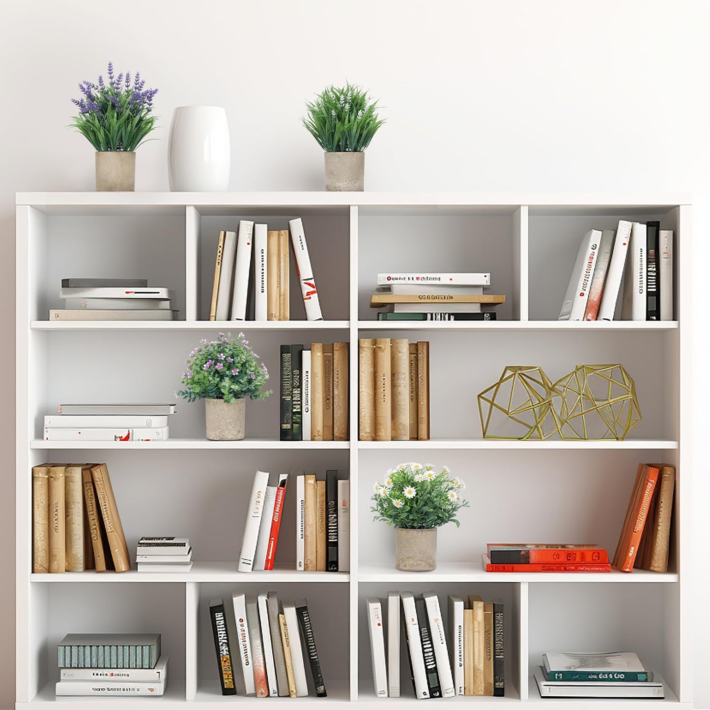 4 Pack Small Fake Plants, Artificial Eucalyptus Leaves with Flowers, Lavender & Daisy with Gray Paper Pulp Pots, Small Faux Potted Plant with Flowers for Home Decor, Indoor&Outdoor Decoration