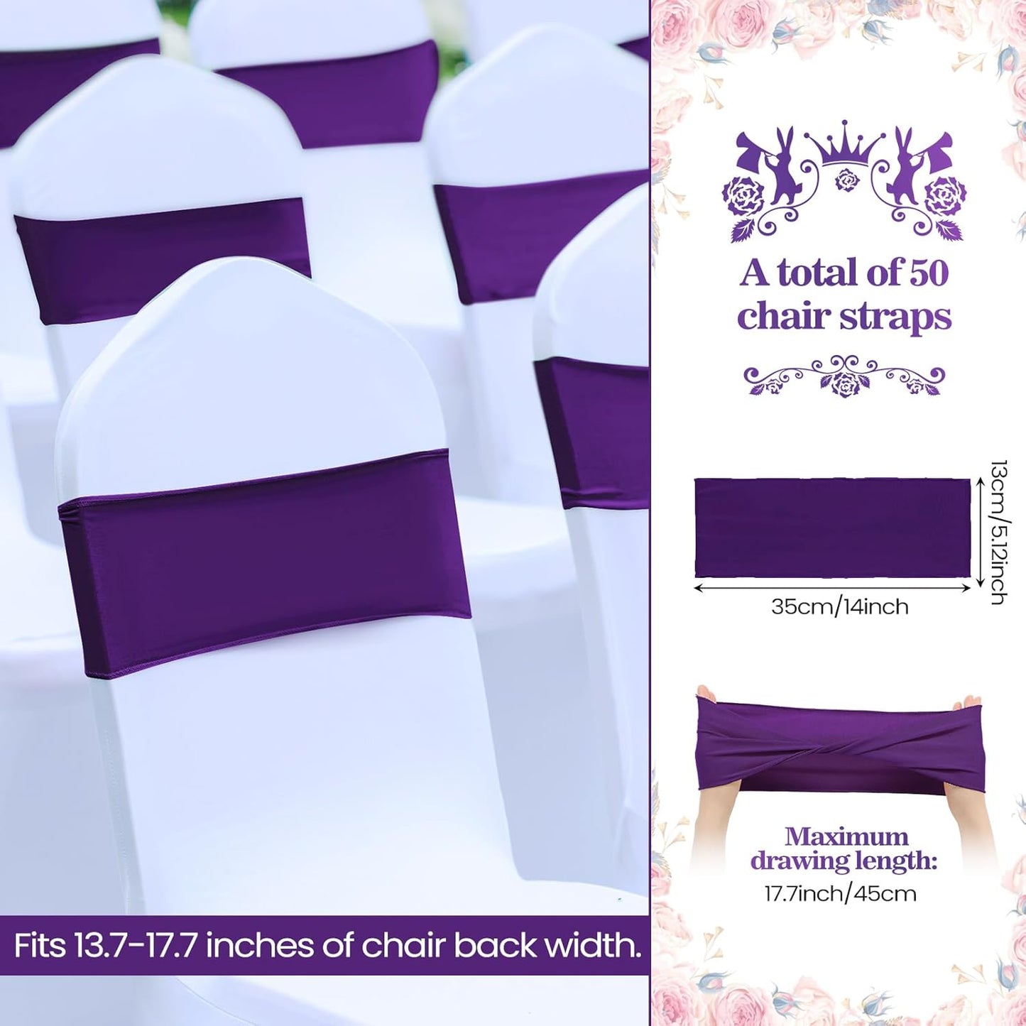 Kinlop 50 Pcs Spandex Chair Sashes Bows Chair Bands Slider Sashes for Covers Elastic Bands Ties Without Buckle Decorations for Wedding Party Events Ceremony Birthday(Purple)