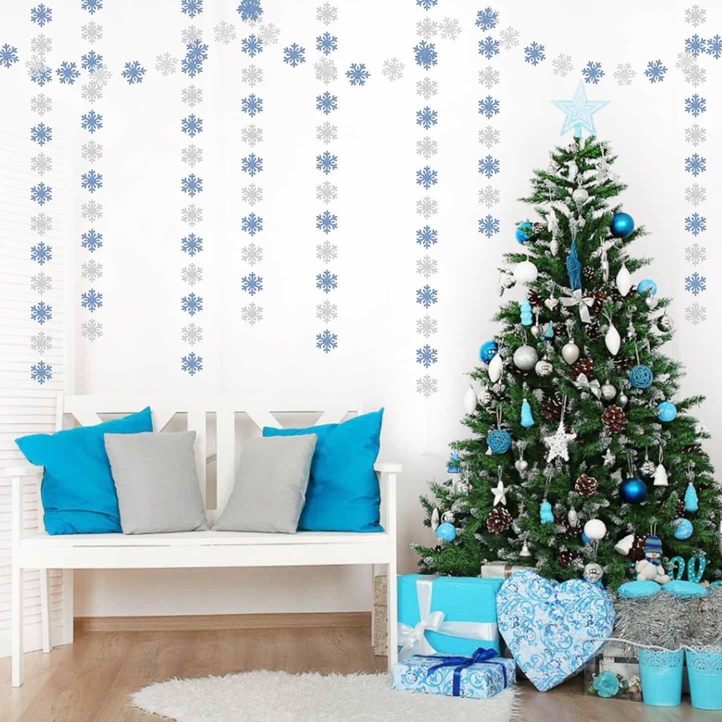 Snowflake-Snow Blue-Silver Christmas Party-Decoration Garland - 52ft Winter Wonderland Frozen Ornaments Hanging Paper Streamers,New Years Birthday Baby Shower Ceiling Decor Hugfond