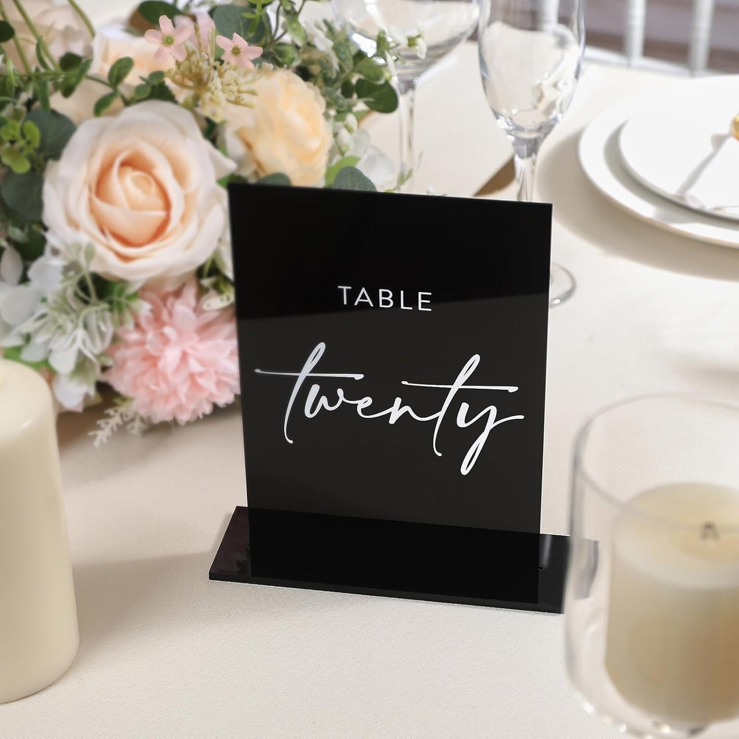 UNIQOOO Black Wedding Double Sided Table Numbers with Stands 1-20 set, 5x7'' Acrylic Signs with Holders and Printed Calligraphy, Seat Display Wedding Decor Perfect for Centerpiece, Reception