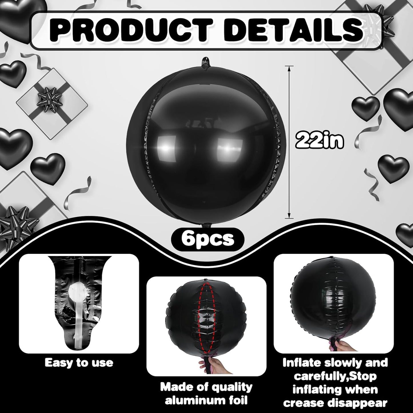 6Pcs Black Round Foil Balloons,Giant 4D Round Ball Balloons,22 Inch Metallic Black Balloon for Birthday Wedding Graduation Prom Party Decorations