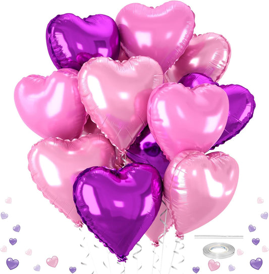 12 Pcs Heart Balloons, 18 inch Pink Heart Shaped Balloon, Big Helium Foil Hot Pink Balloons for Wedding Baby Shower Anniversary Backdrop Valentine Women Girl Party Decoration