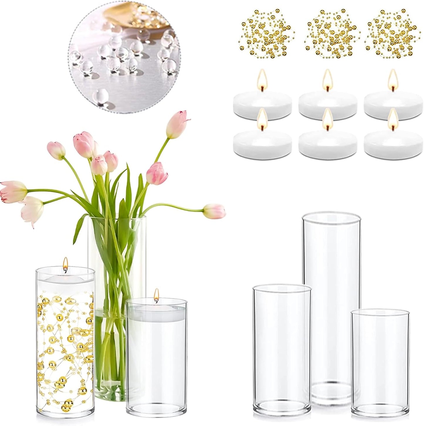 Set of 3 Glass Cylinder Vases for Centerpieces with 2 Pack Vase Filler 3 Pearl String 6 White Floating Candles for Centerpieces, Table Center Pieces for Wedding Party Home Decor 5, 6, 8 Inch