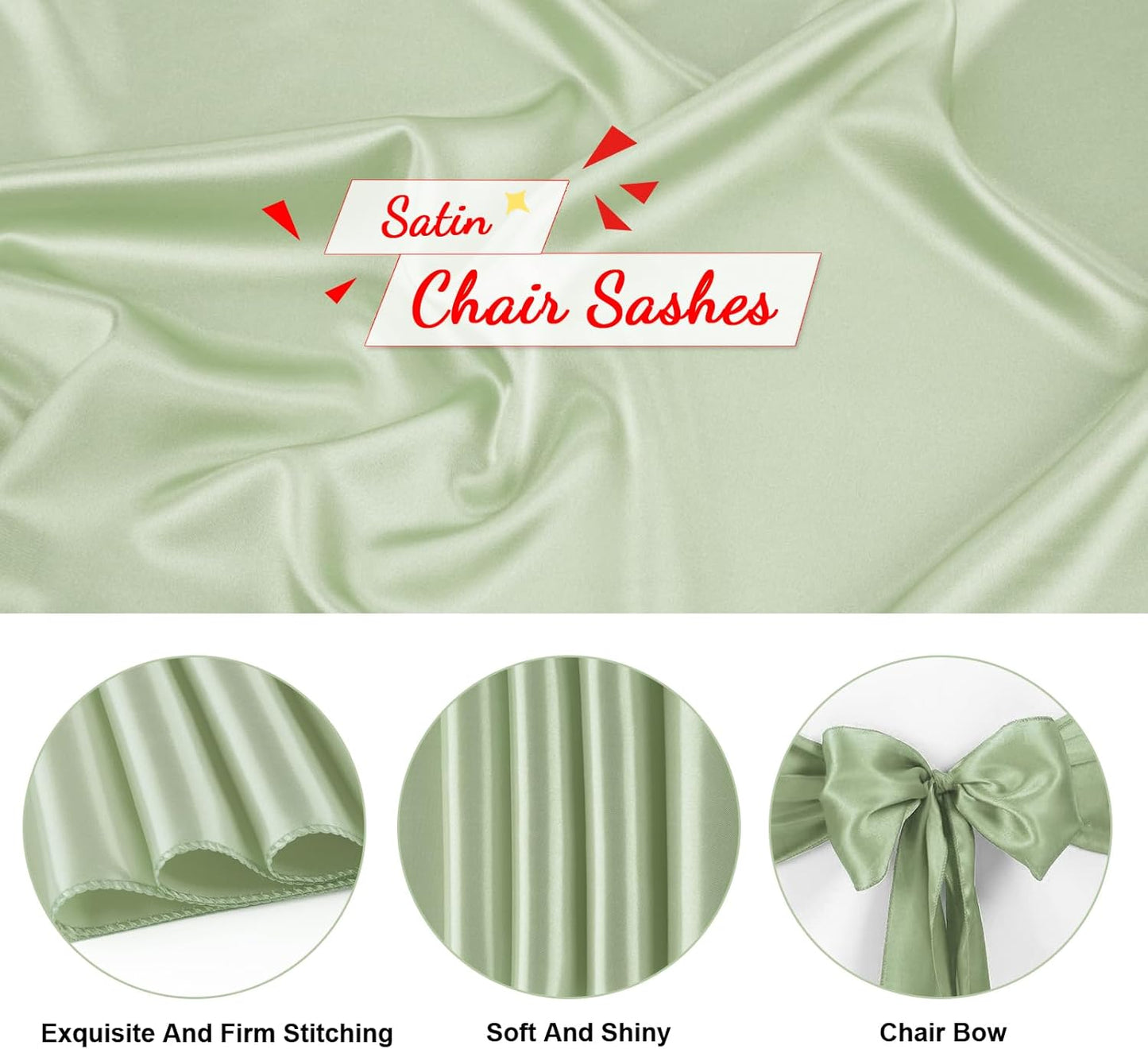 50 PCS Sage Green Satin Chair Sashes Bows Universal Chair Ribbon Ties Back Sash for Wedding Party Reception Events Banquets Hotel Event Chair Cover Decoration (7x108 inch)