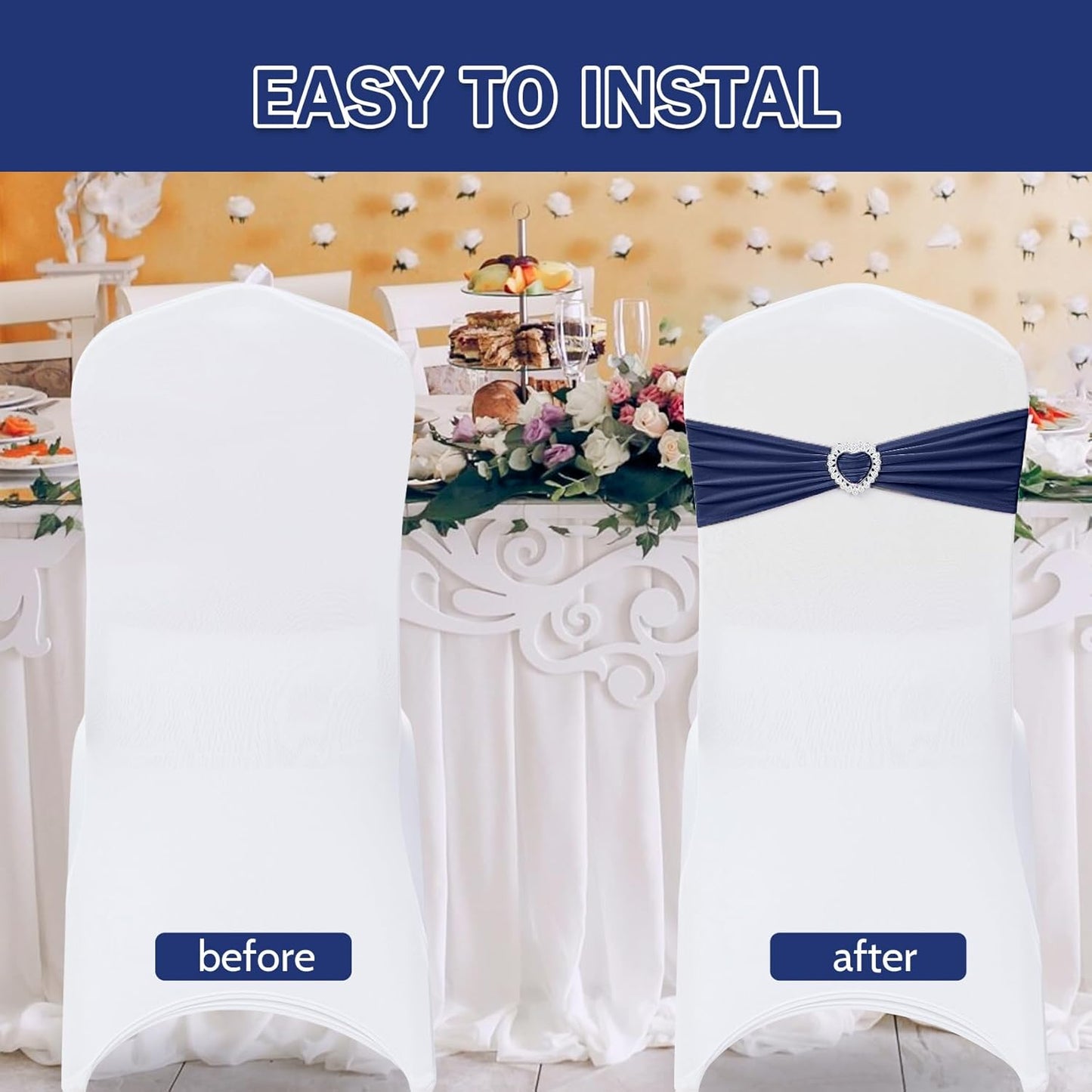 Howhic Pack of 120 Spandex Chair Sashes Bows Stretch Chair Cover Band with Buckle Slider Universal Elastic Chair Ties for Wedding Banquet Party Event Decoration (Navy)