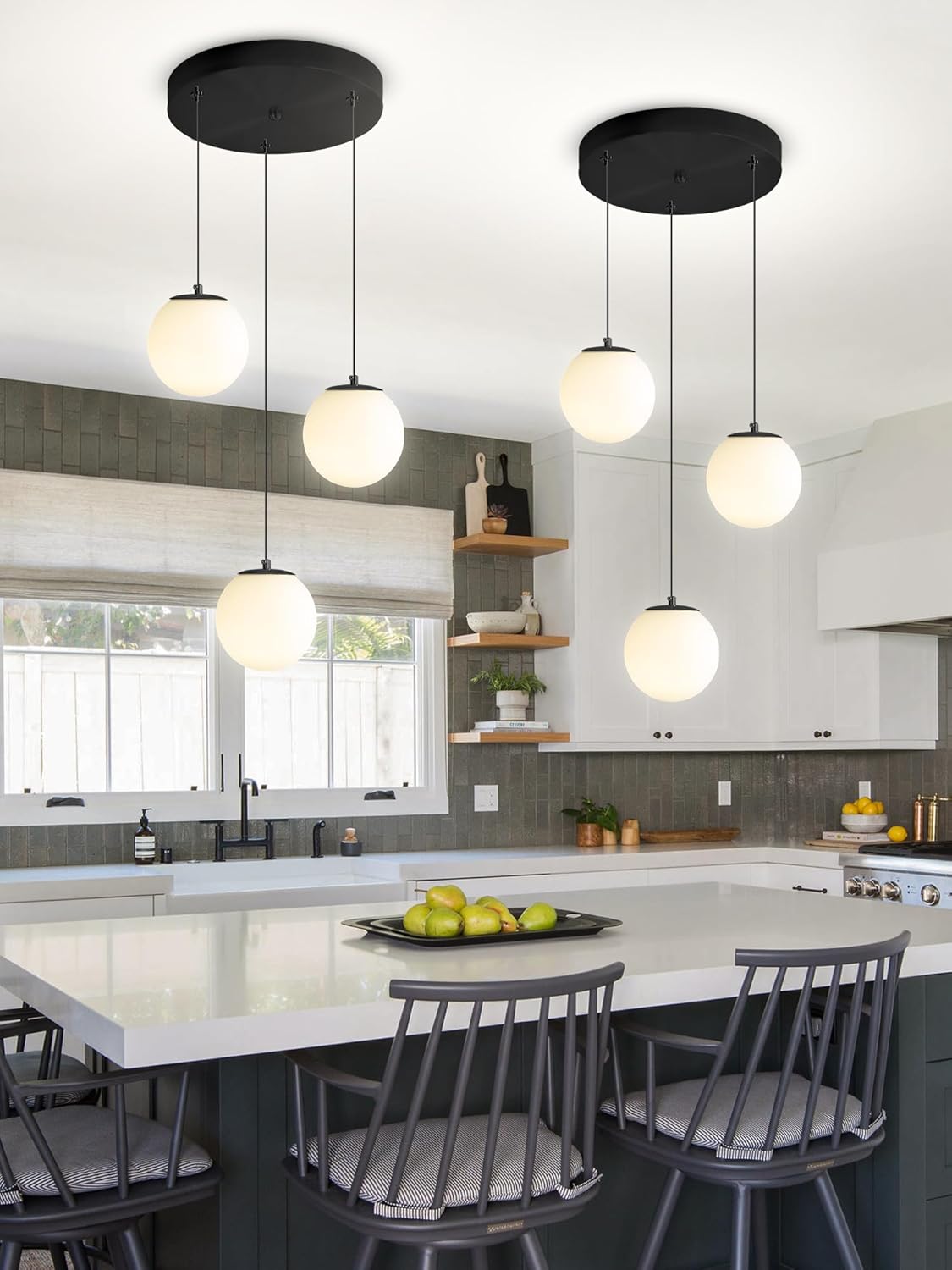 3-Lights Globe Glass Pendant Light Modern White Globe Glass Chandelier Mid Century Chandelier Black Hanging Fixture for Kitchen Island Foyer Hallway Dining Room