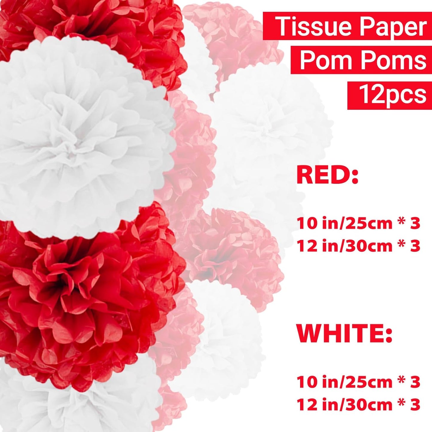 Capesaro Red and White Paper Pom Poms - 10",12" Tissue Pom Poms Decorations for Party Hanging Decor - 12 Piece Set