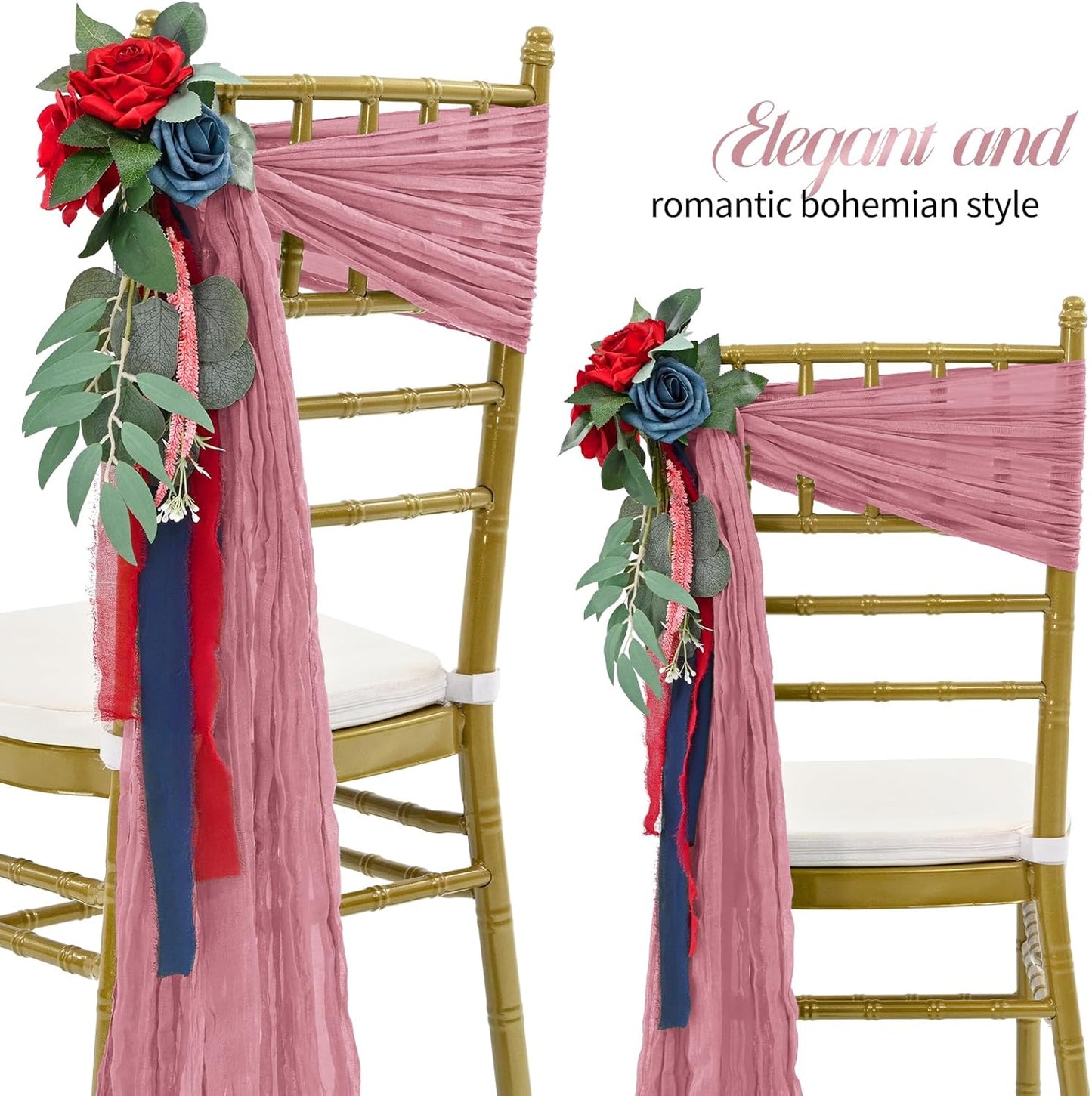 50 PCS Cheesecloth Chair Sashes Bows Wedding Aisle Decorations Chair Ribbon Ties Back Sash for Wedding Party Events Banquet Chair Cover Decoration (Dusty Rose)