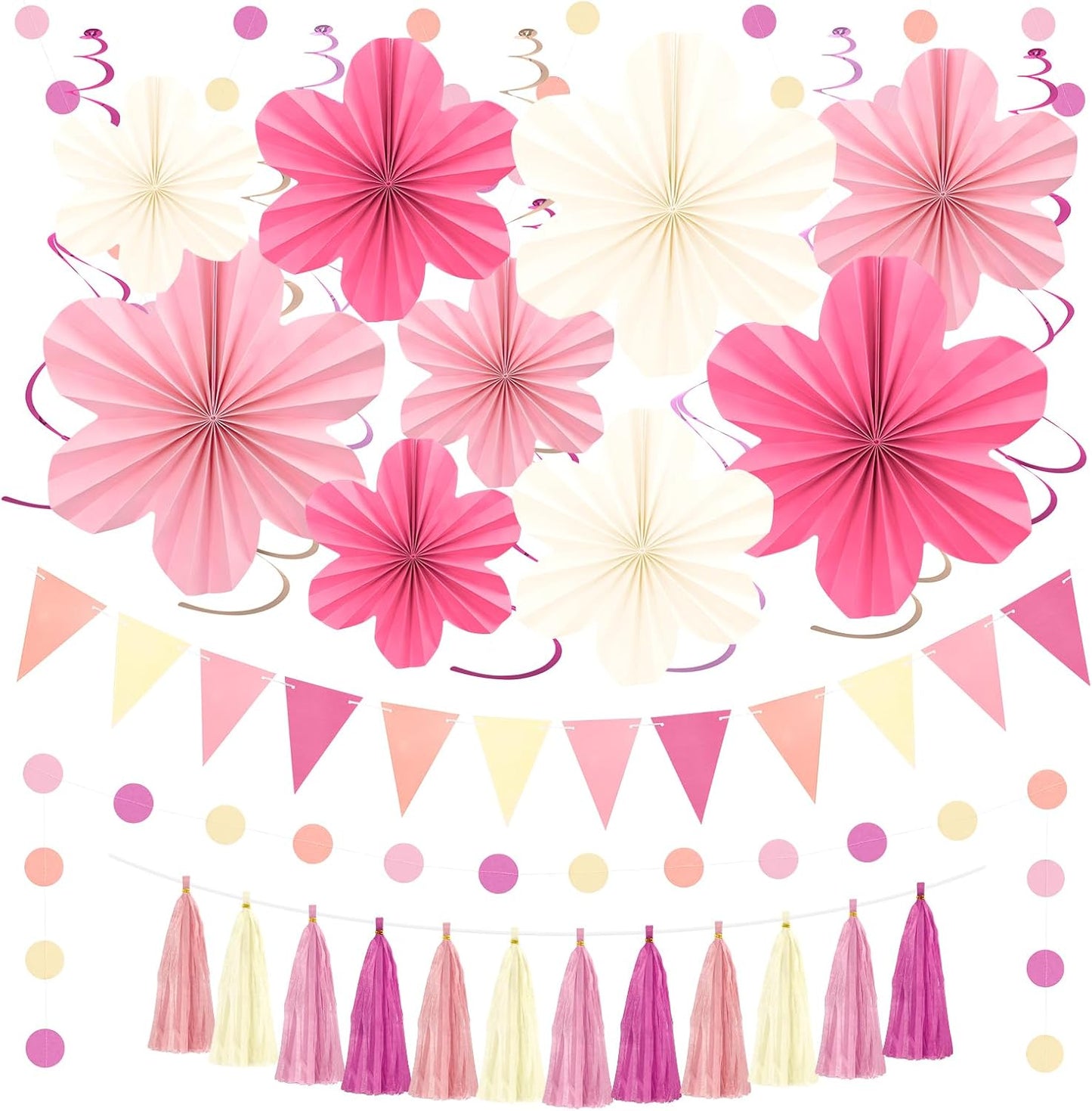 Pink and Yellow Party Decorations, Pink Birthday Decoration with Colorful Hanging Paper Flowers,Tassel Garland and Swirls for Women Girls, Baby Showers Bachelorette Party Supplies Classroom Decor