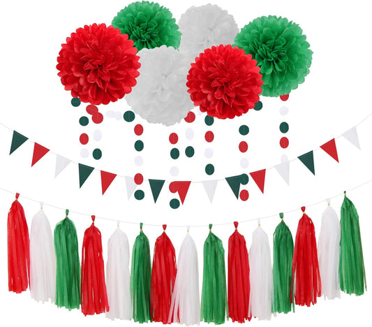 Red-Green White Party-Decorations - 23pcs Mexico Italy Tissue Pom Poms Streamers,Tassel Garland Banner,Mexican Italian Birthday Wedding Baby Shower Decor Bunting Lasting Surprise
